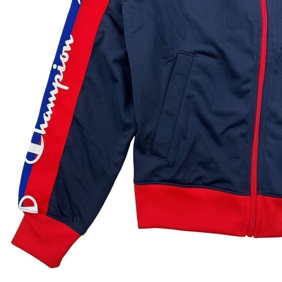 New Champion Men Navy Blue Full Zip Jacket Sport Athletic Red Cuffs Logo US XS - Picture 5 of 12